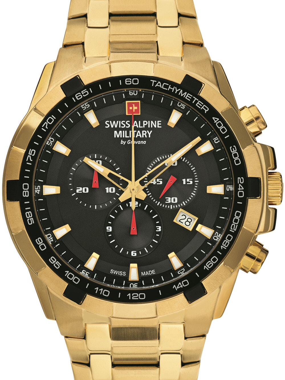 Мужские наручные часы с золотистым браслетом Swiss Alpine Military 7043.9117 chrono 46mm 10ATM