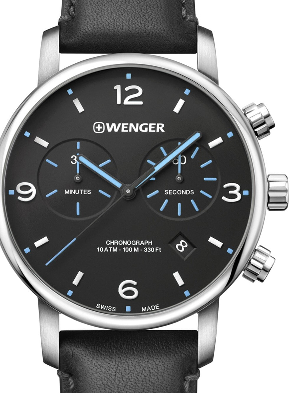 Мужские наручные часы с черным кожаным ремешком Wenger 01.1743.120 Urban Metropolitan Chronograph 44mm 10ATM