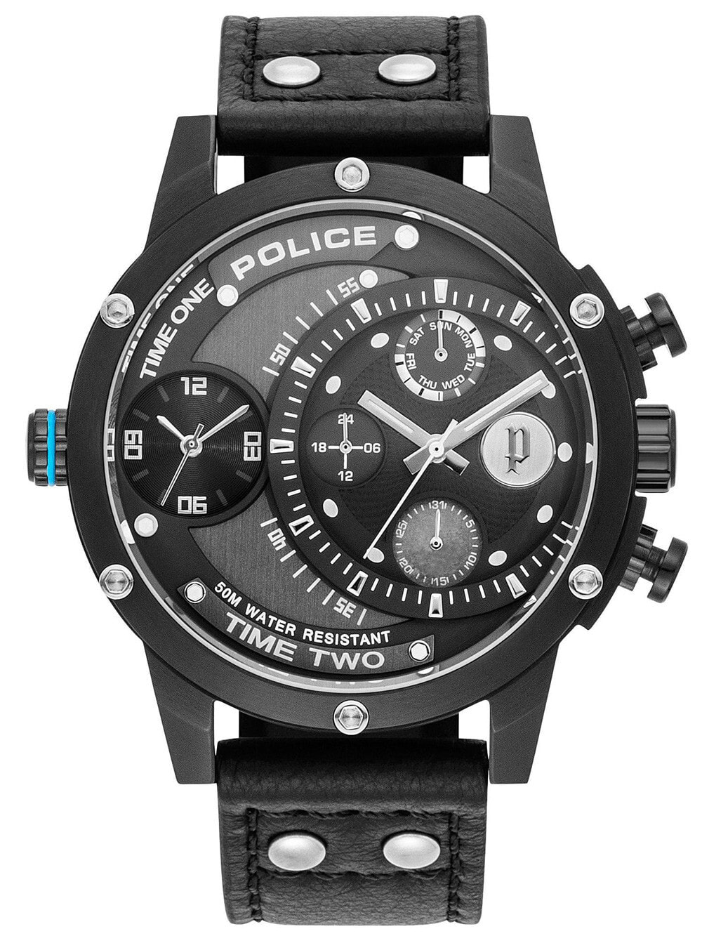 Мужские наручные часы с черным кожаным ремешком Police PL15983JSB.61 Scythe Mens 50mm 5ATM