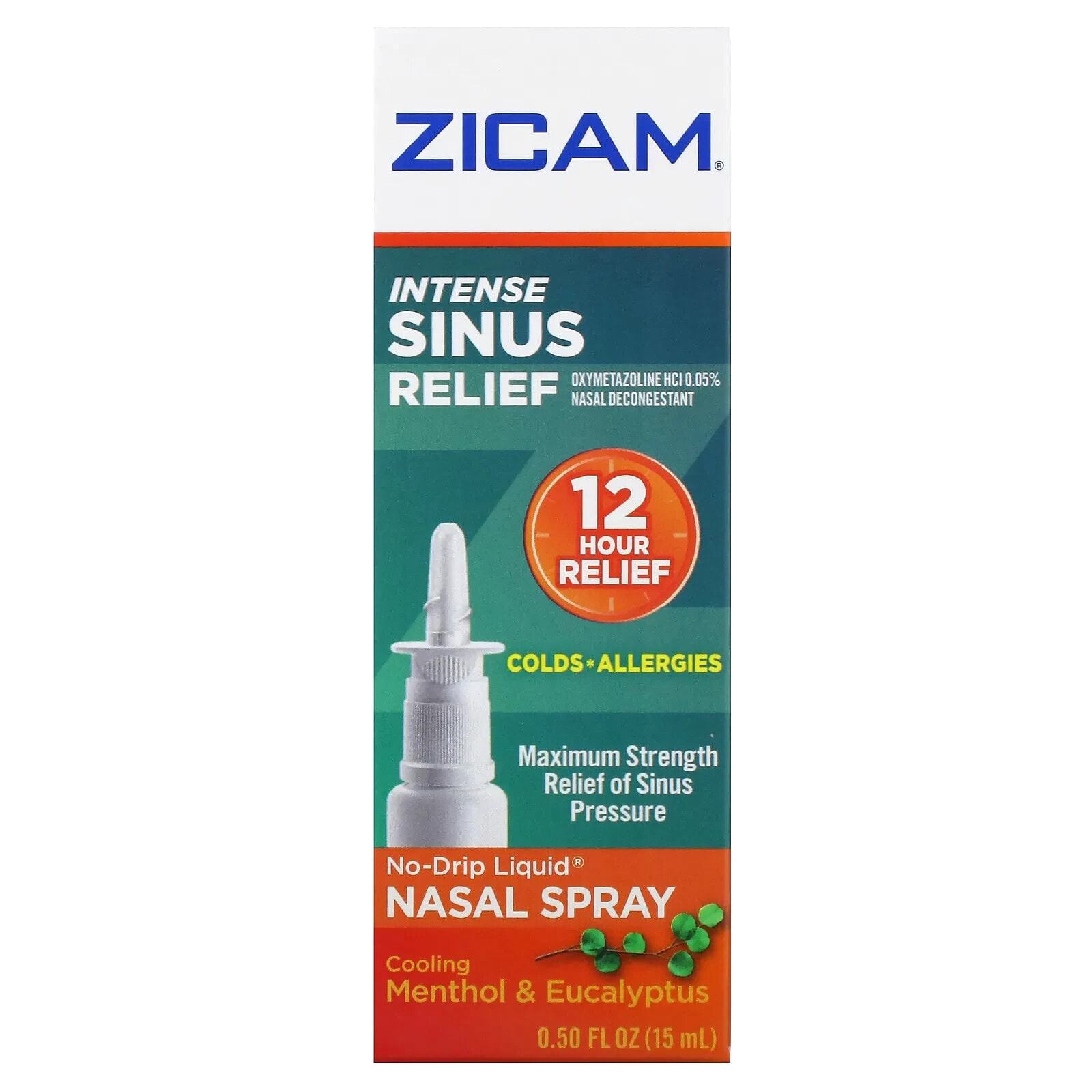 Zicam, Intense Sinus Relief, жидкий спрей для носа без капель, с охлаждающим ментолом и эвкалиптом, 15 мл (0,5 жидк. Унции)
