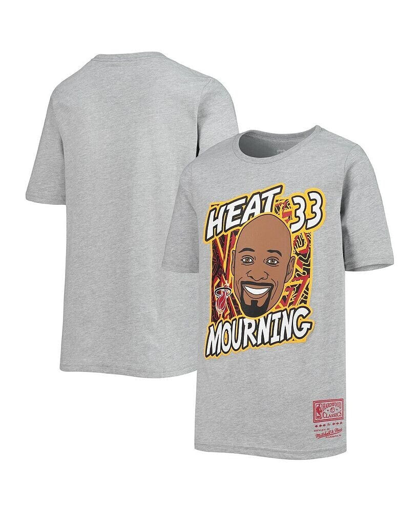 Mitchell & Ness big Boys Alonzo Mourning Heathered Gray Miami Heat Hardwood Classics King of the Court Player T-shirt