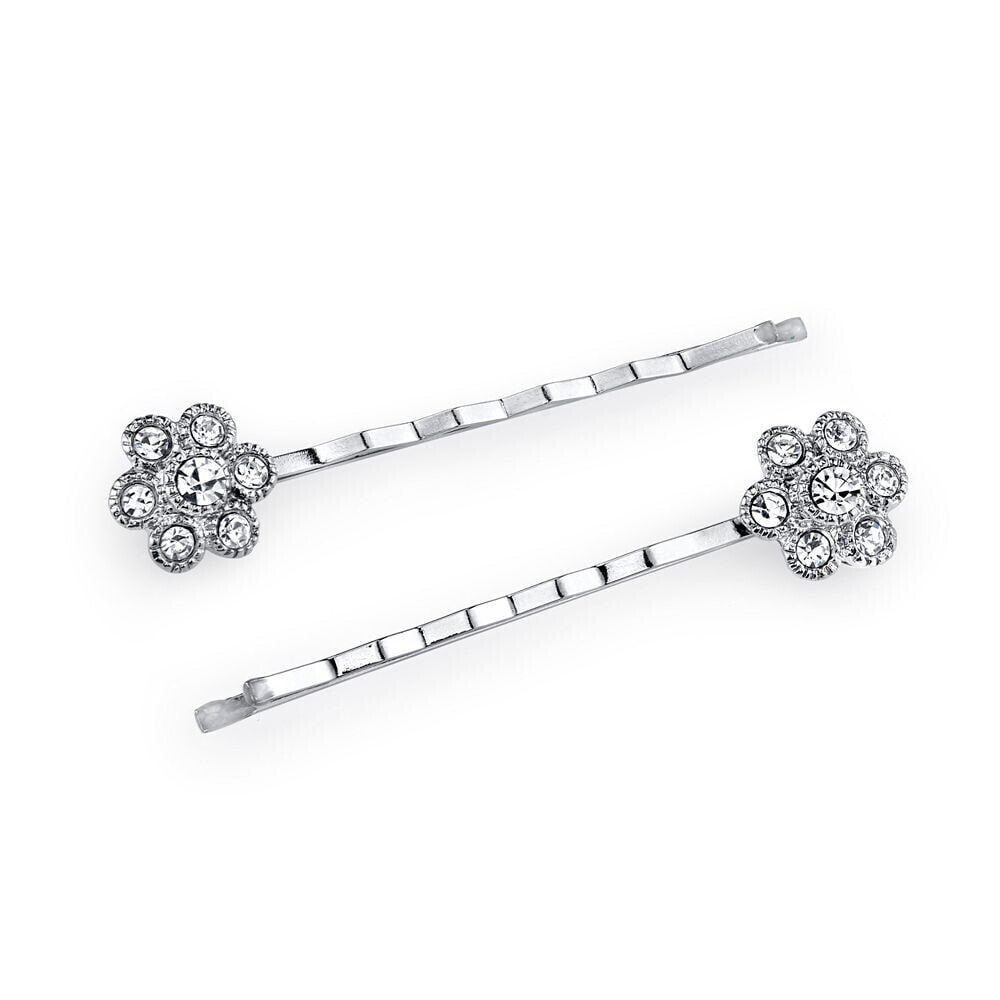 Silver-Tone Crystal Flower Bobby Pin Set