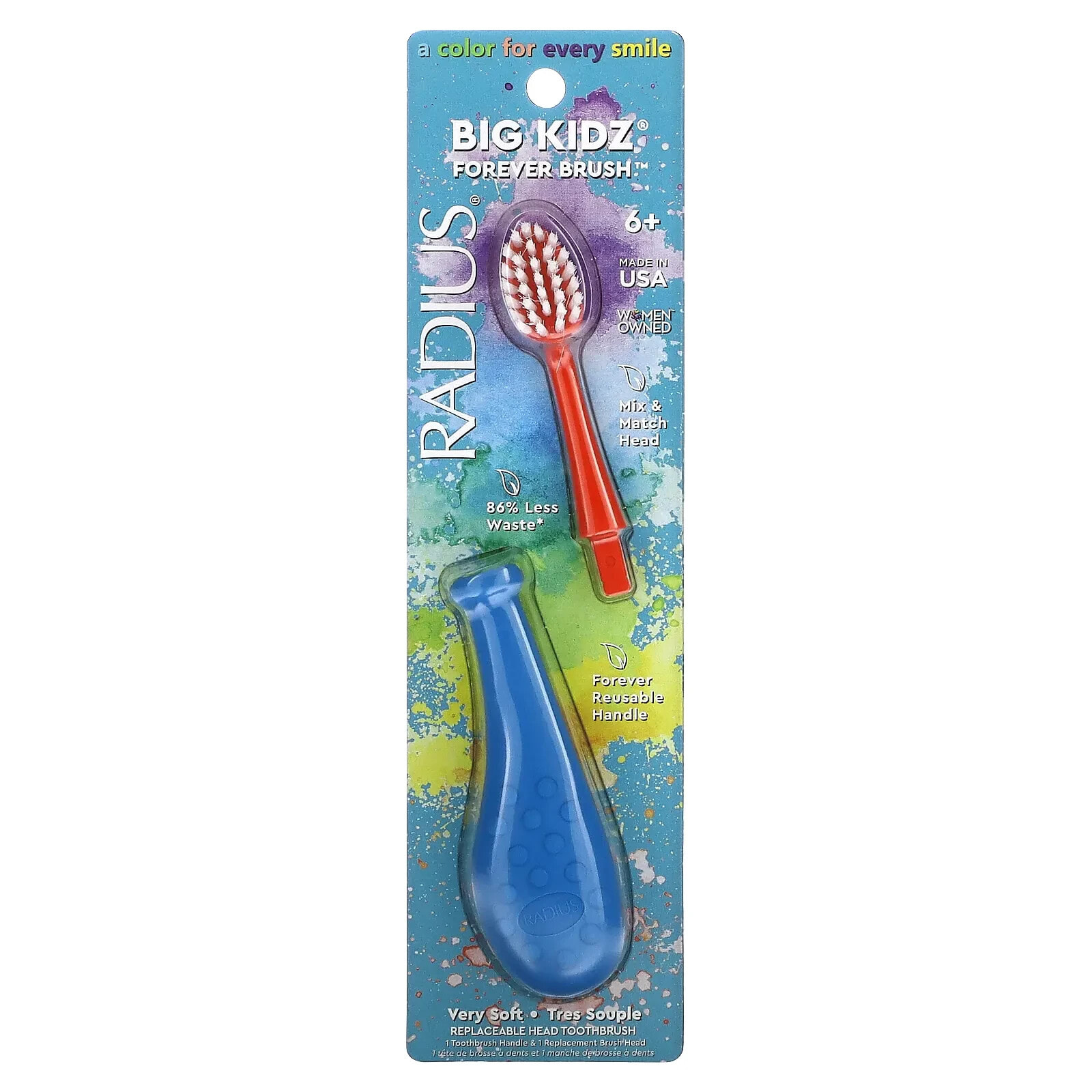 Радиус, Big Kidz Forever Brush, 6+, очень мягкая, 1 ручка для зубной щетки + 1 сменная насадка