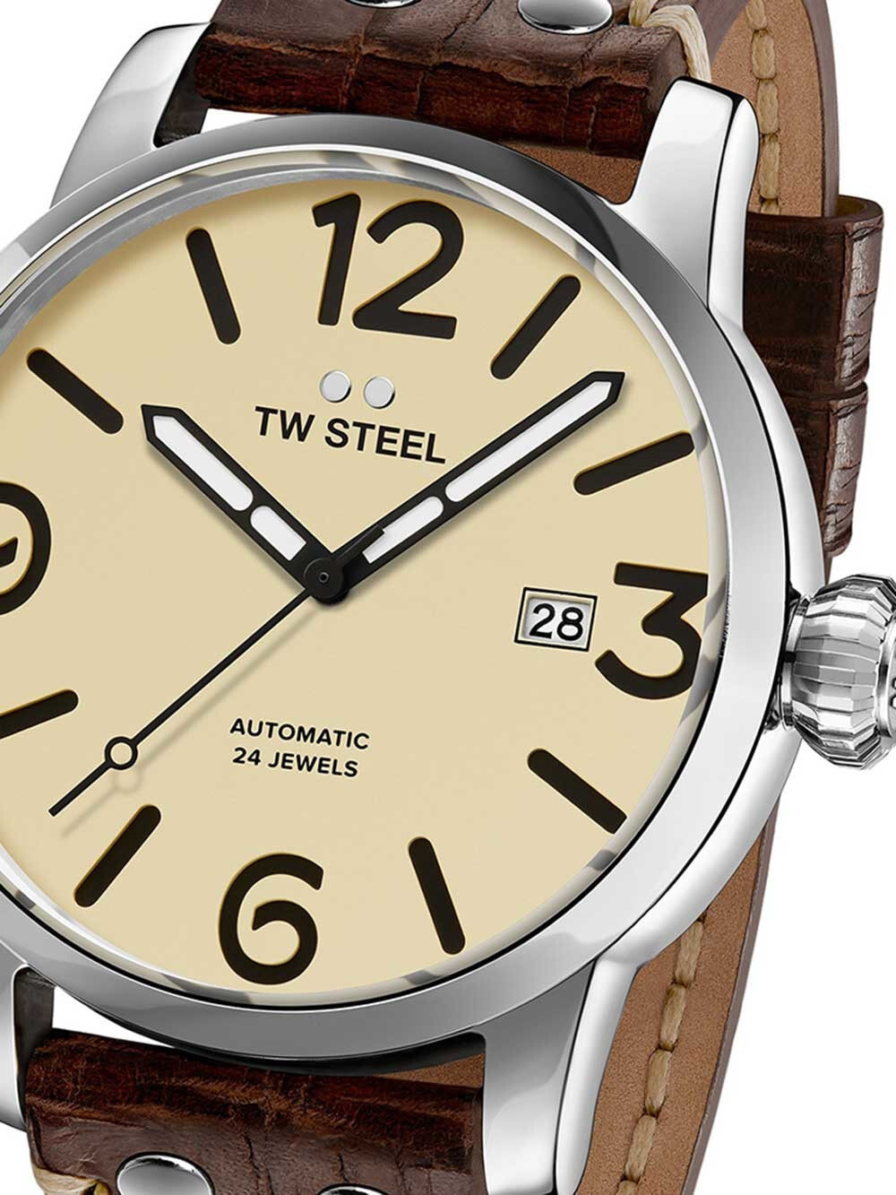 Мужские наручные часы с коричневым кожаным ремешком TW Steel MS26 Maverick Automatic 48mm 10 ATM