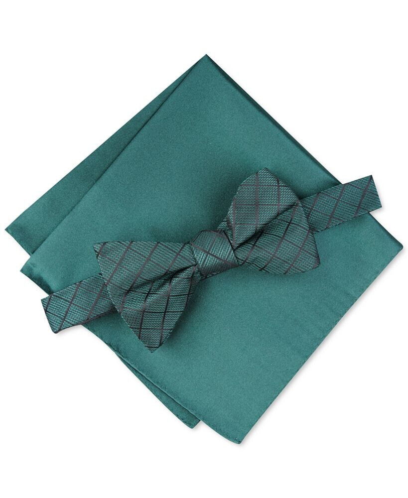 Men's Grid Pre-Tied Bow Tie & Solid Pocket Square Set, Created for Macy's