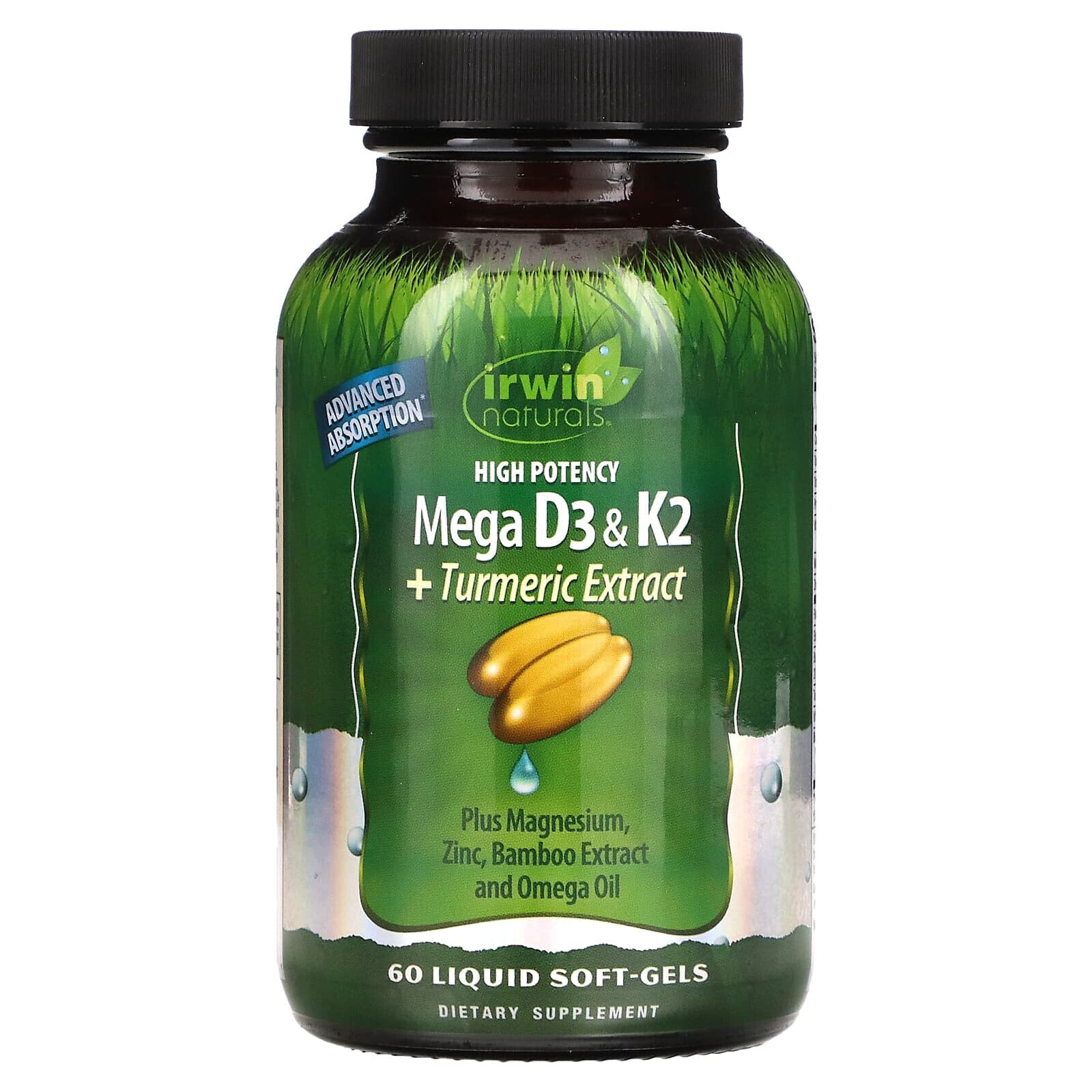Ирвин Натуралс, высокоэффективный мегакомплекс витаминов D3 и К2 с экстрактом куркумы, 60 капсул с жидкостью