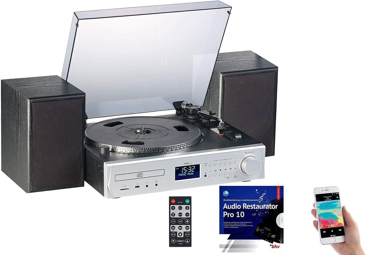 auvisio Compact system: record player/digitizer, DAB+, CD, Bluetooth, MC, USB, MP3, 80 W (compact system with turntable, microSDHC memory cards)