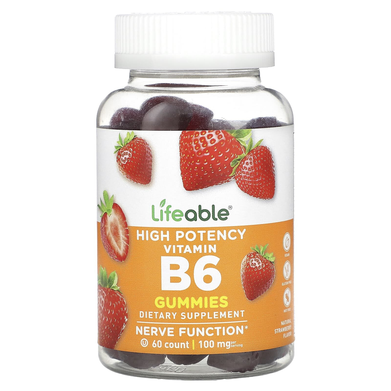 Lifeable, Vitamin B6 Gummies, High Potency, Natural Strawberry, 50 mg, 60 Gummies