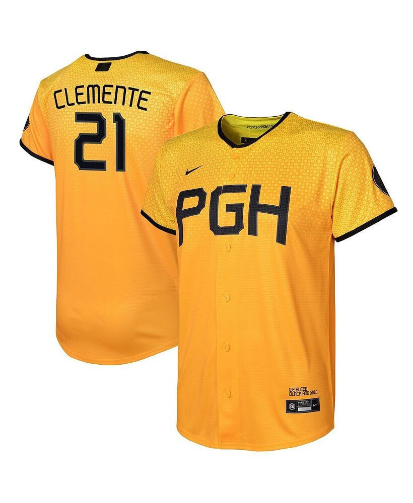 Nike toddler Boys and Girls Roberto Clemente Gold Pittsburgh Pirates 2023 City Connect Replica Player Jersey