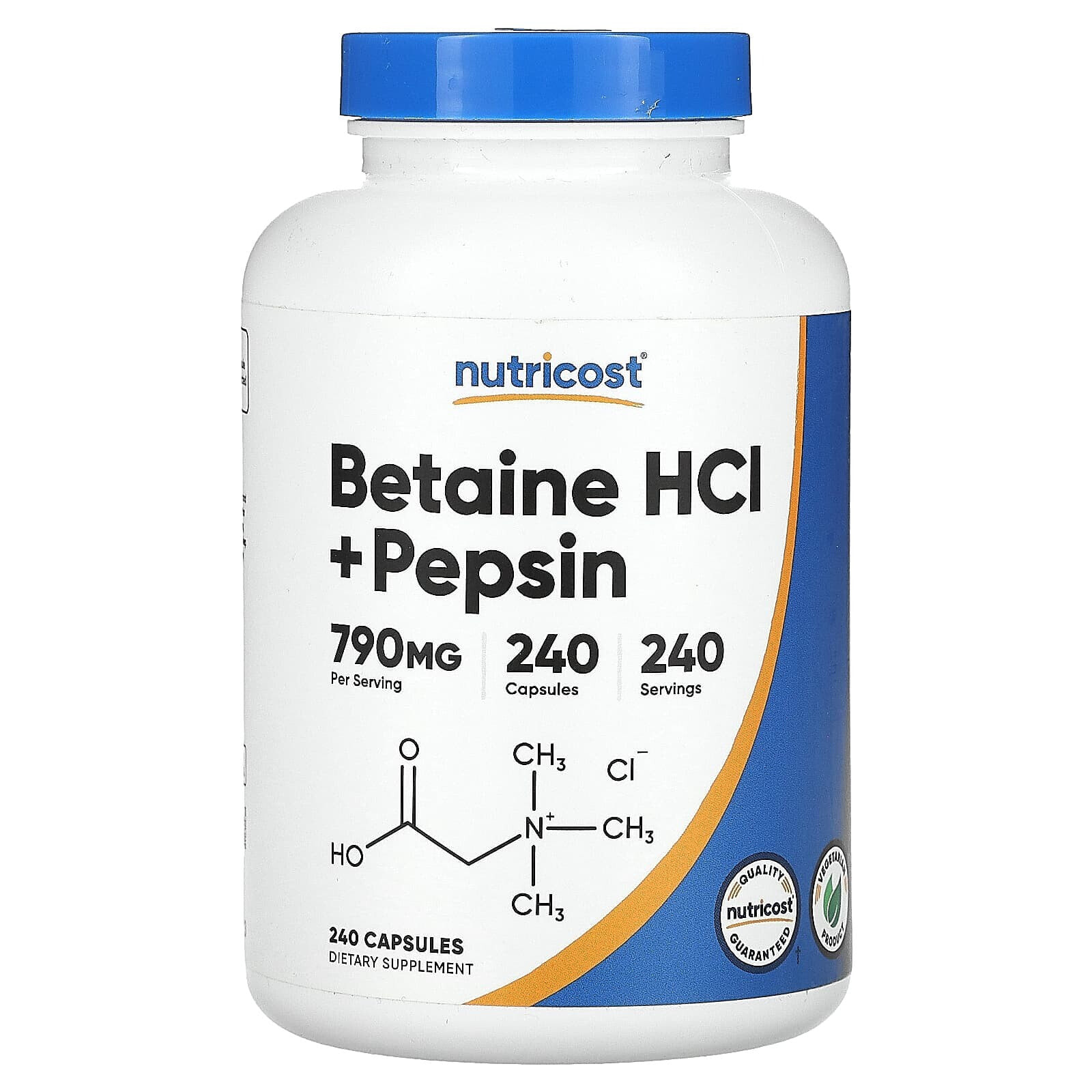 Nutricost, Бетаин гидрохлорид + пепсин, 790 мг, 240 капсул