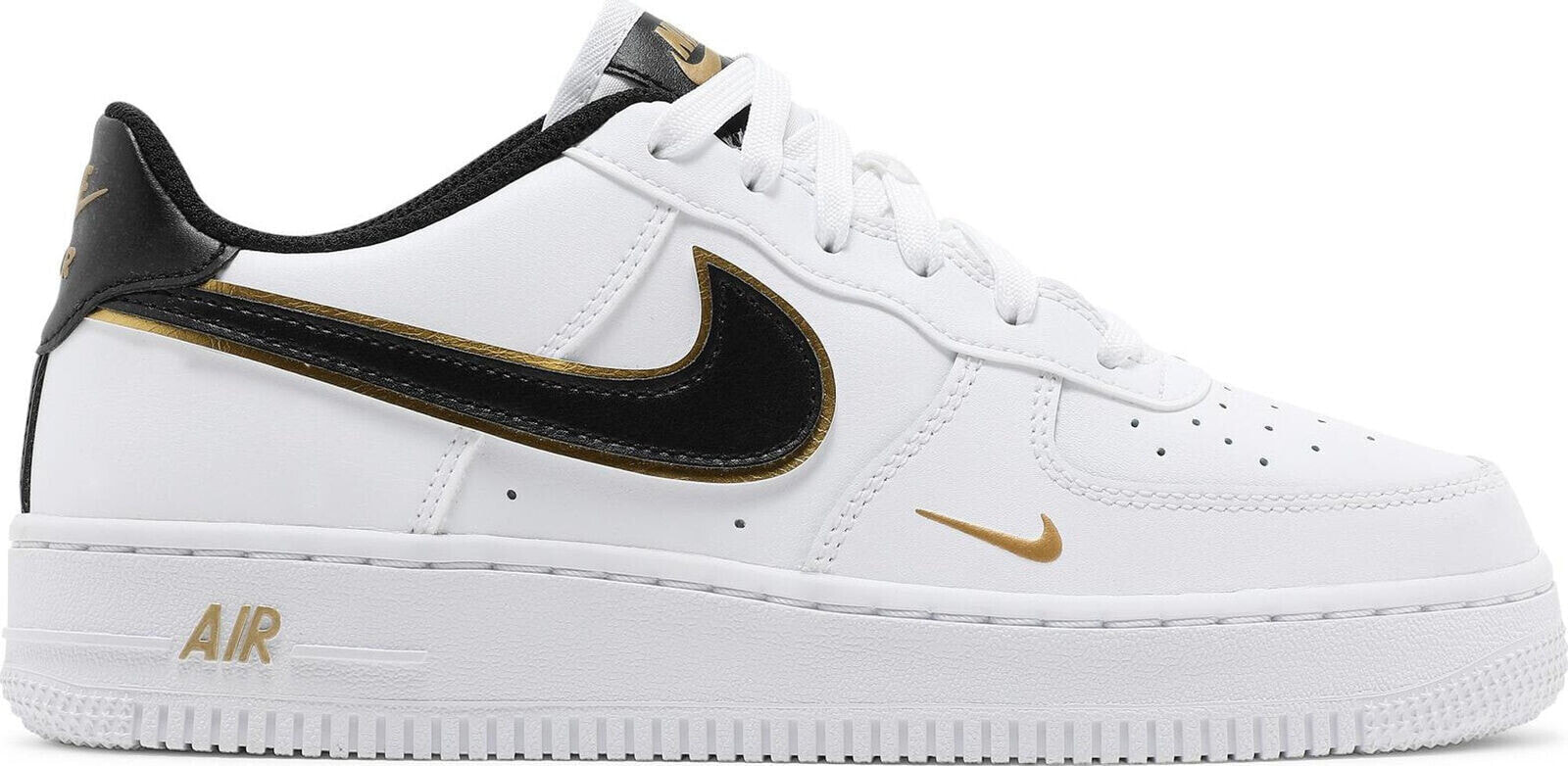 DM3322 100 Grade School Nike AIR FORCE 1 LOW 07 LV8 DOUBLE SWOOSH WHITE META white black metallic gold 18893335