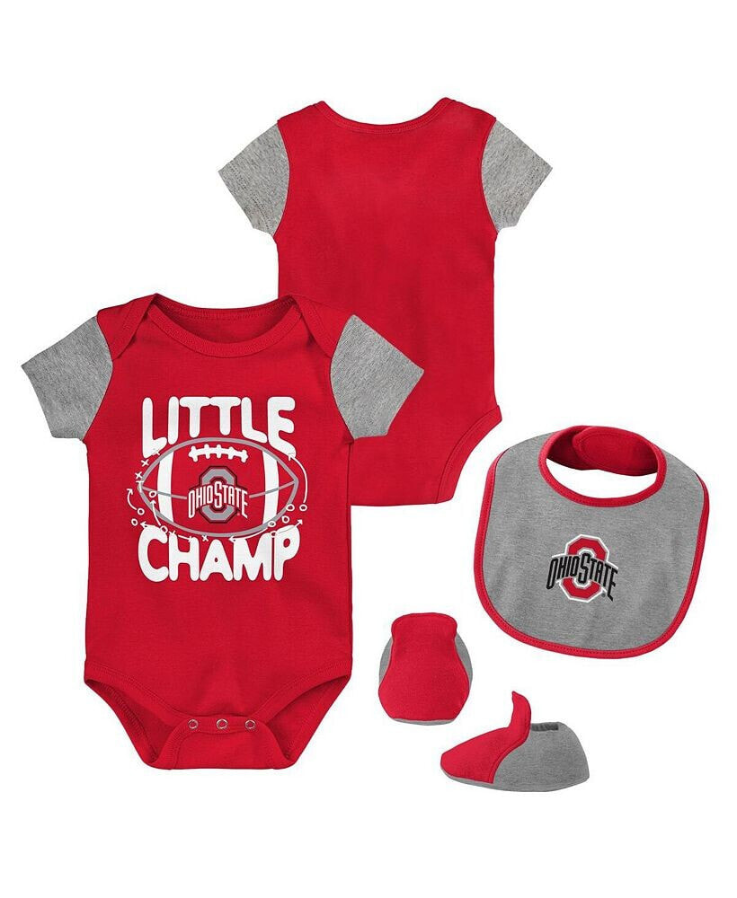 Outerstuff newborn and Infant Boys and Girls Scarlet, Heather Gray Ohio State Buckeyes Little Champ Bodysuit Bib & Booties Set