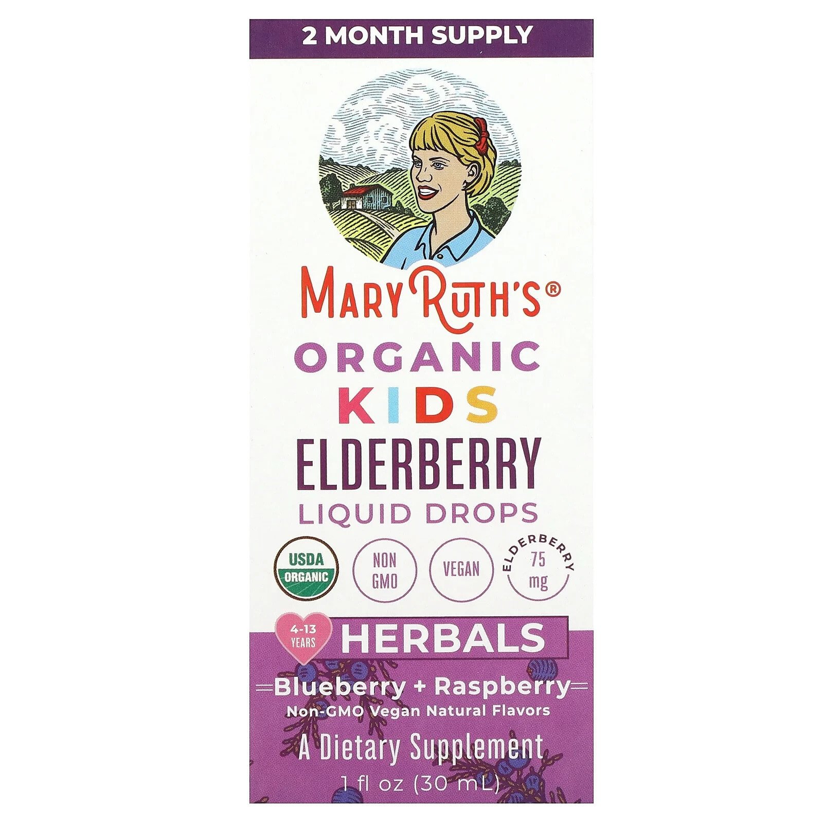 Organic Kids Elderberry Liquid Drops, 4-13 Years, Blueberry + Raspberry, 1 fl oz (30 ml)