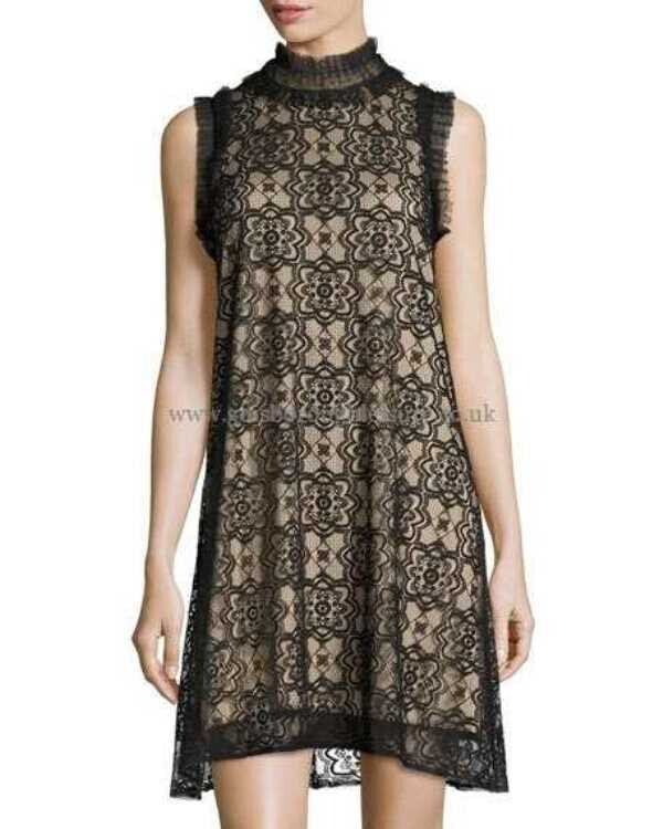 Max Studio Sleeveless Mock Neck Lace Dress Mesh Trim Black Nude M