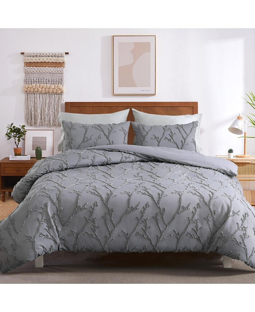 CAROMIO 3 Piece Shabby Chic Branches Tufted Duvet Cover Set, Queen