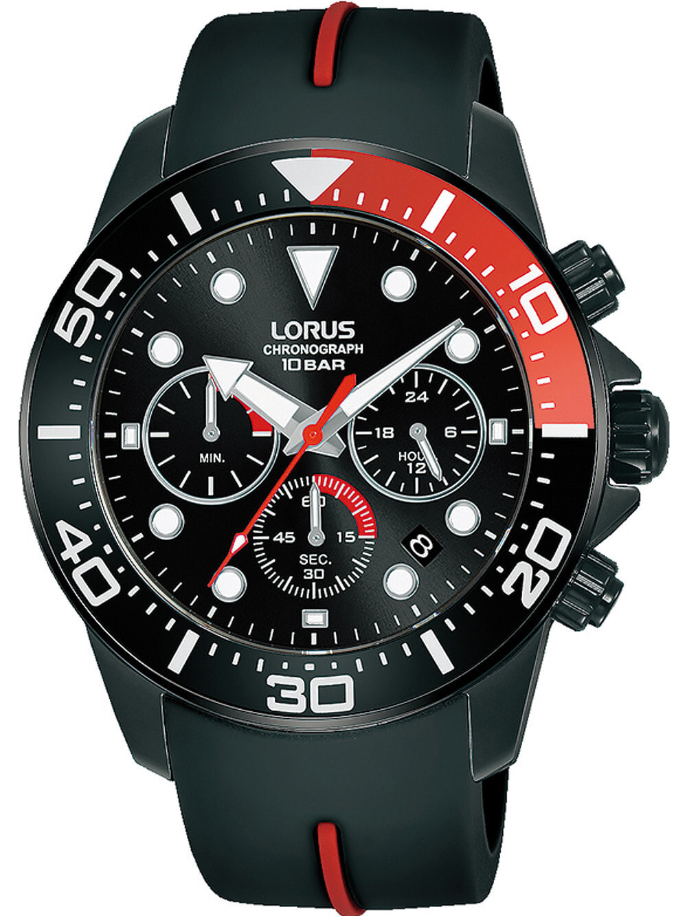Мужские наручные часы с черным силиконовым ремешком Lorus RT347JX9 chrono mens 43mm 10ATM