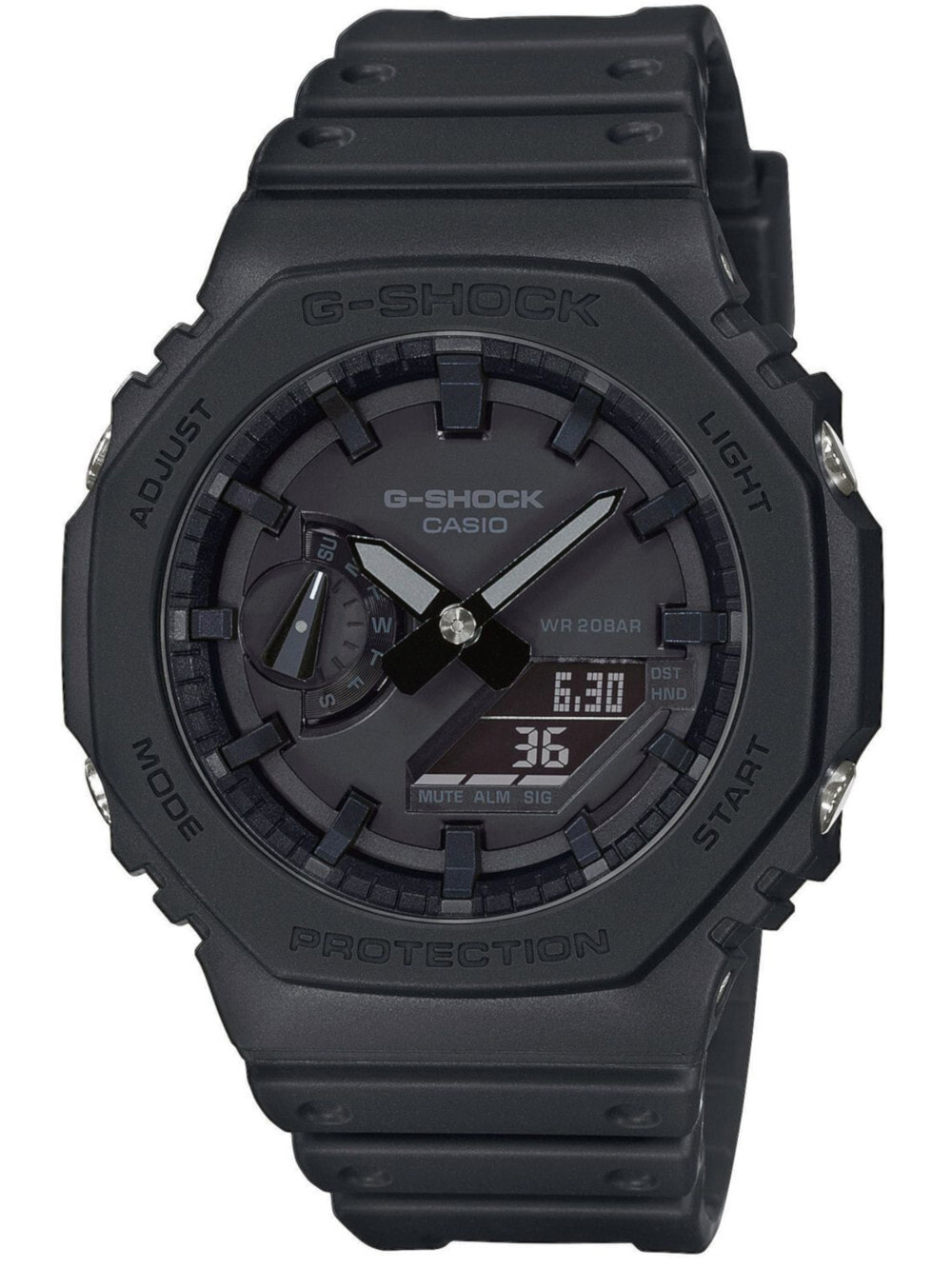 Мужские наручные часы с черным силиконовым ремешком Casio GA-2100-1A1ER G-Shock 45mm 20ATM