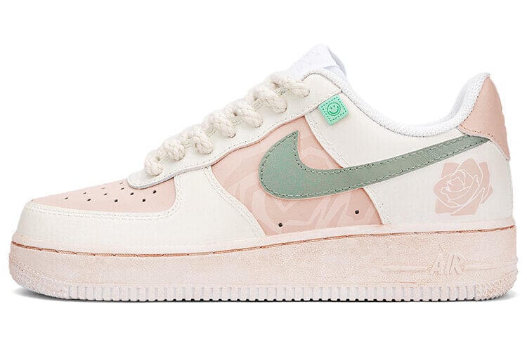 【定制球鞋】 Nike Air Force 1 Low 空军一号 手绘喷绘 莫兰迪 玫瑰花开 复古做旧 休闲 低帮 板鞋 女款 白绿粉 / Кроссовки Nike Air Force DD8959-100