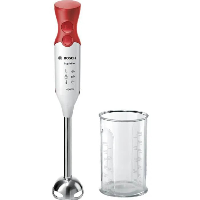 BOSCH hand blender - 450 watt - stainless steel hand blender - 4 sharp blades - 2 speeds - measuring bowl 600 ml - white / red