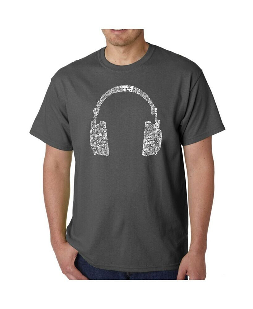 LA Pop Art mens Word Art T-Shirt - Headphones - 63 Genres of Music
