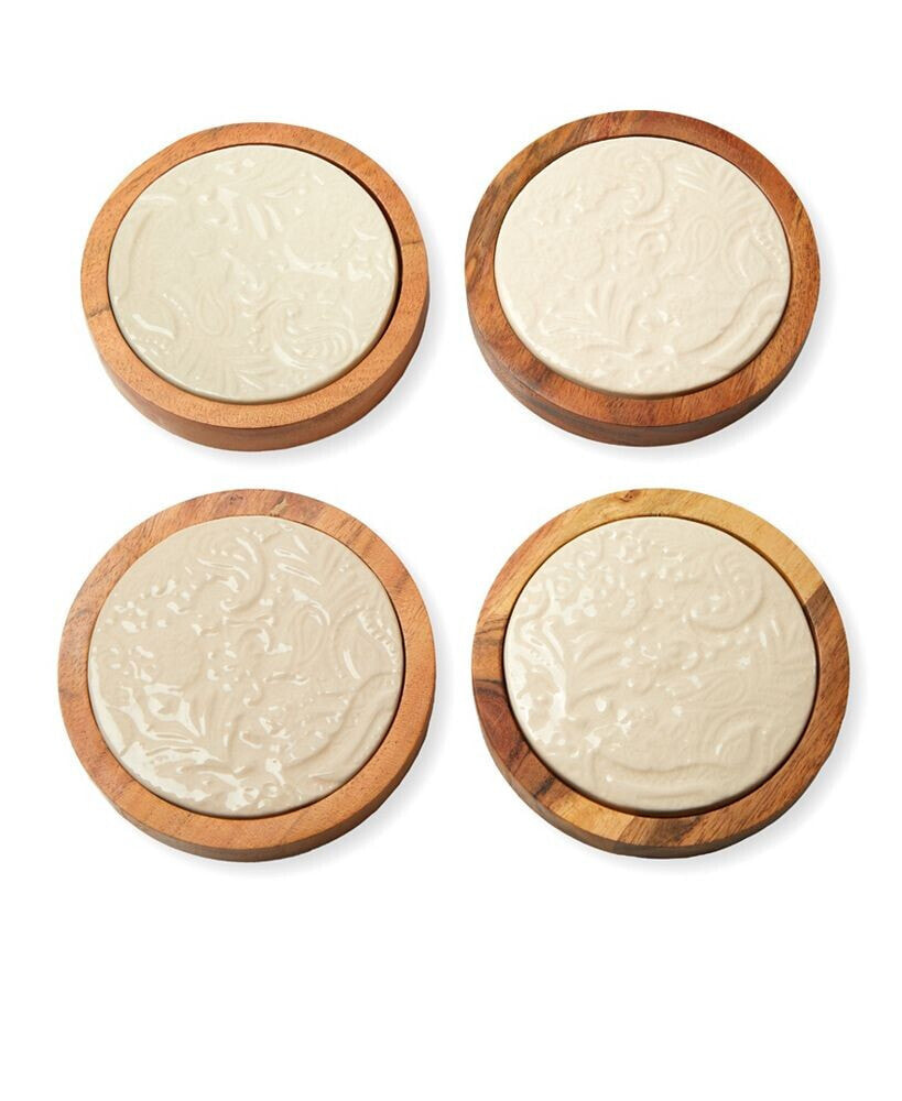 Godinger acacia Wood Coasters with Floral Designs in Porcelain on Coasters, Set of 4