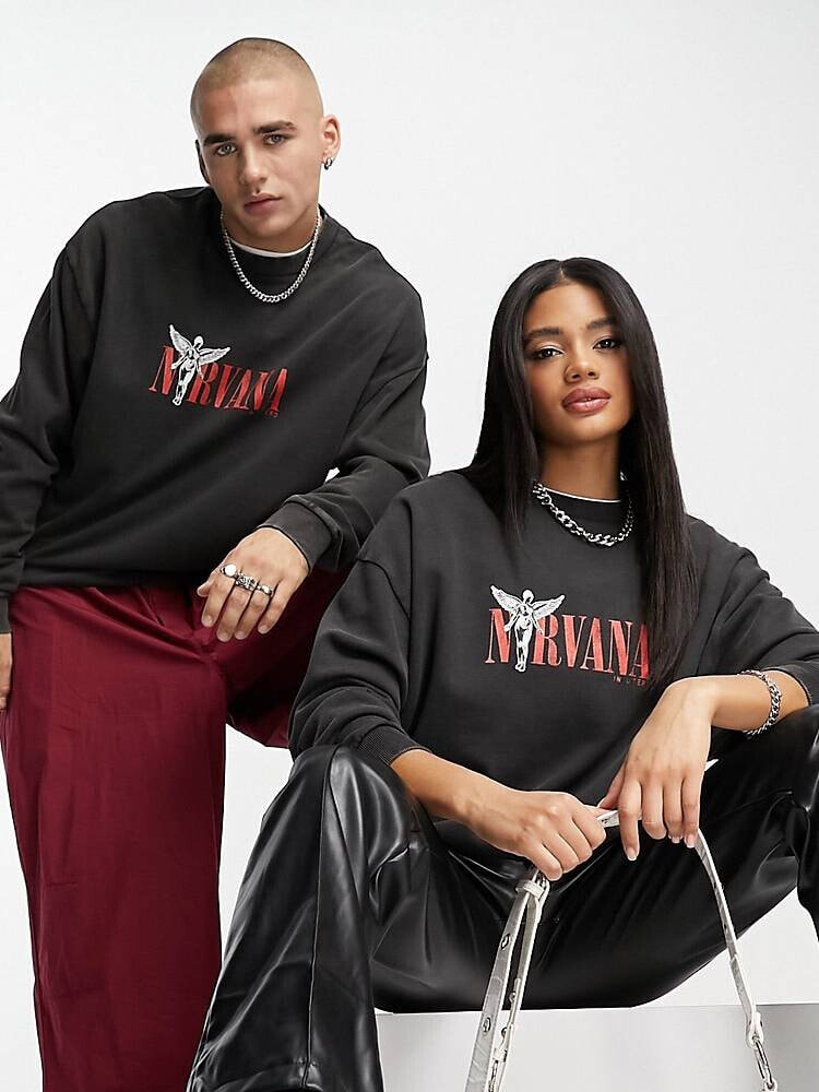 ASOS DESIGN – Unisex-Sweatshirt in verwaschenem Schwarz mit Nirvana-Print und Oversize-Schnitt