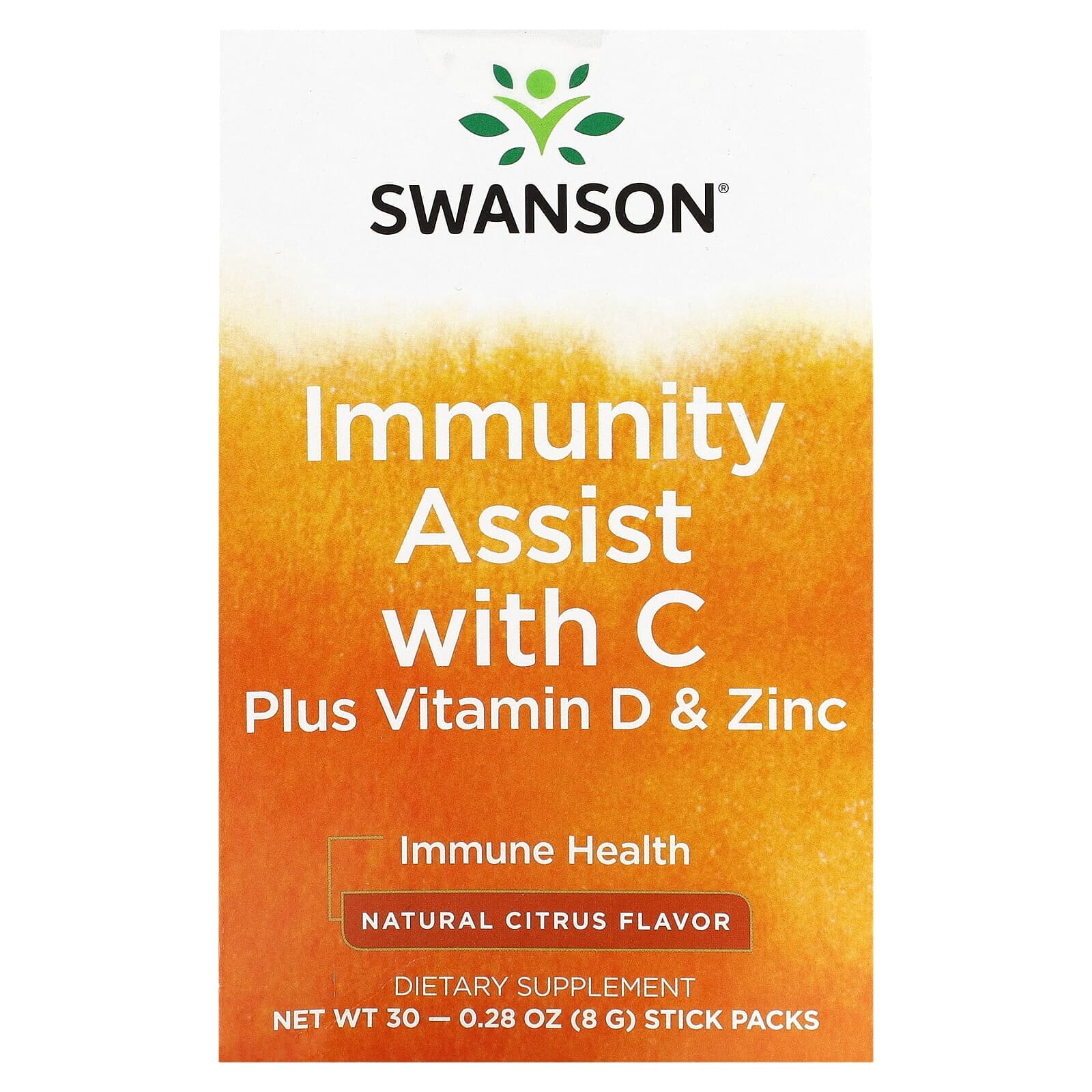 Swanson, Immunity Assist, витамин C, витамин D и цинк, натуральный цитрус, 30 пакетиков по 8 г (0,28 унции)