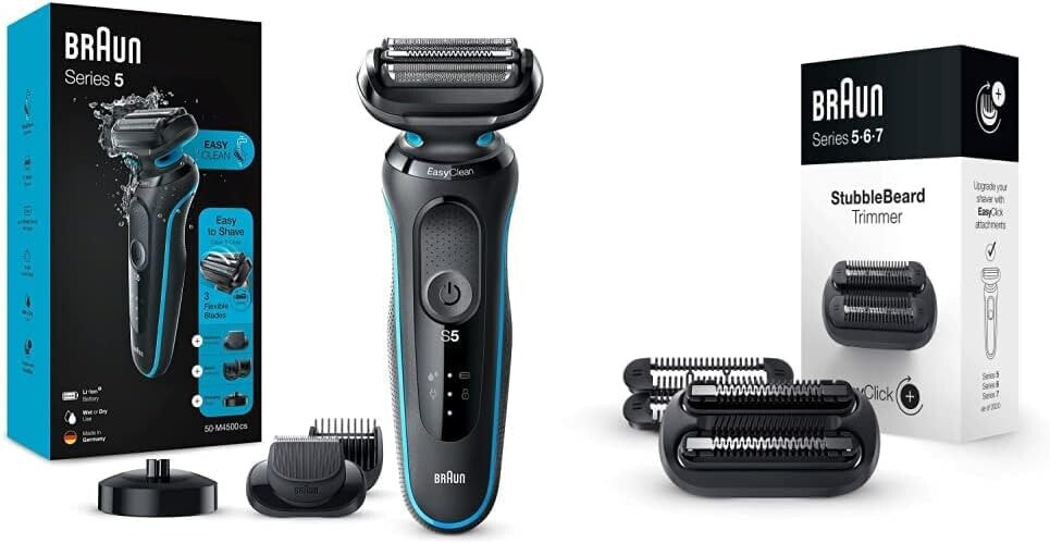 Braun Series 5cs Men's Electric Shaver with 3 Flexible Blades, Beard Trimmer, Charge Level, 50 Minutes Runtime, M4500cs, Turquoise & EasyClick 3-Day Beard Trimmer Attachment for Razors Men