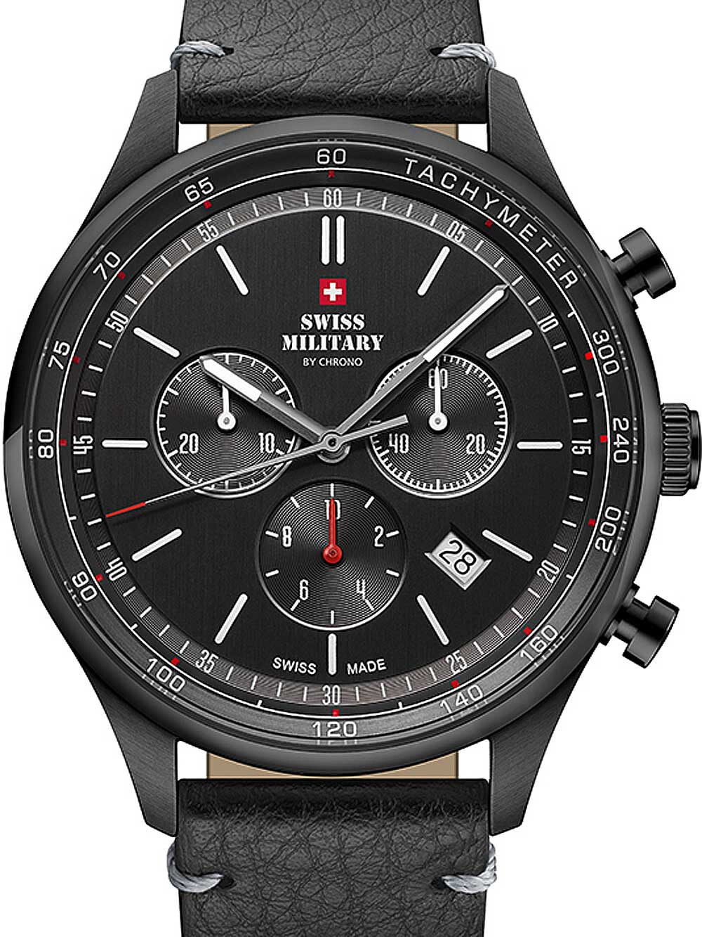 Мужские наручные часы с черным кожаным ремешком  Swiss Military SM34081.10 chrono 42mm 10ATM