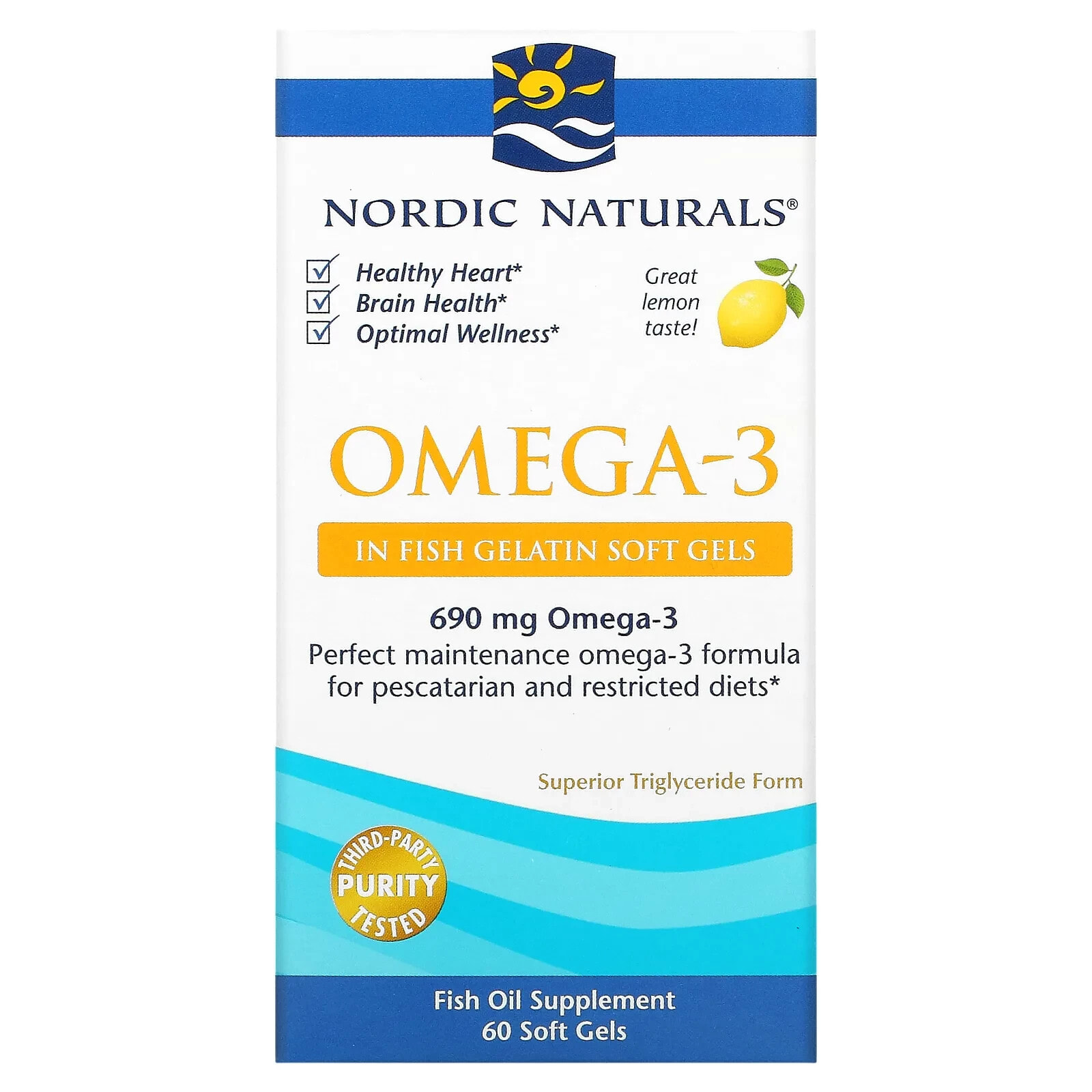 Нордик Натуралс, омега-3, с лимонным вкусом, 345 мг, 60 капсул