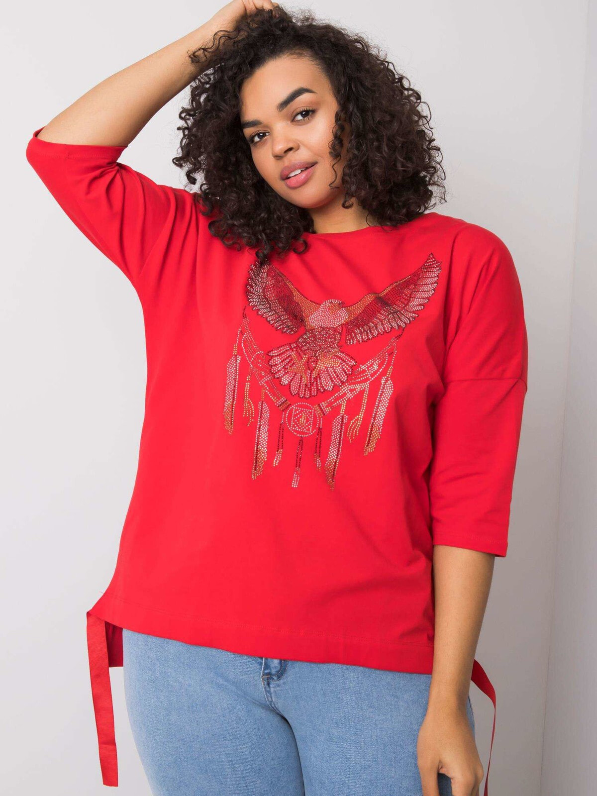 Женская блузка свободного кроя с длинным рукавом на завязках красная Factory Price