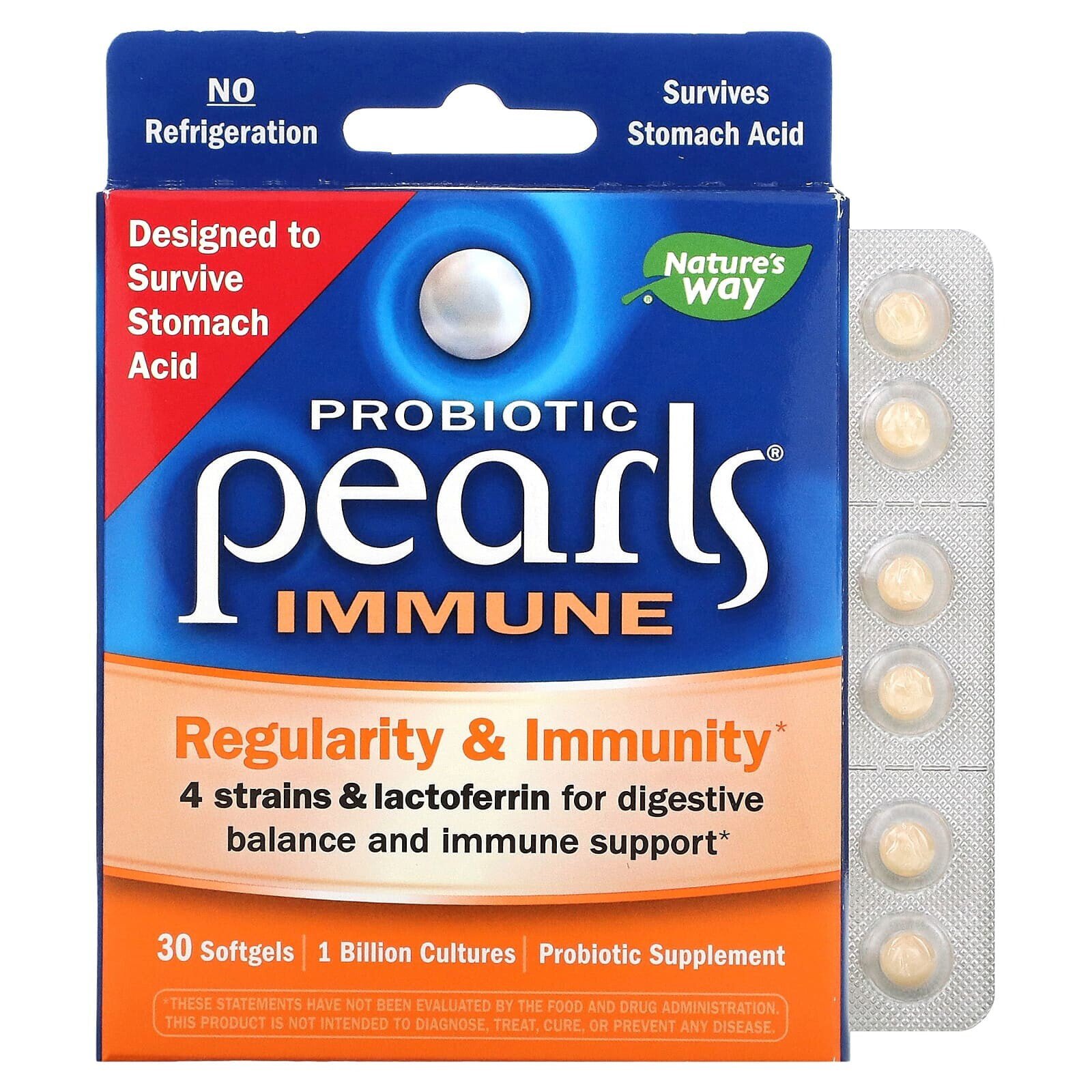 Натурес Вэй, Пробиотический жемчуг для укрепления иммунитета, регулярности и иммунитета, 30 мягких таблеток