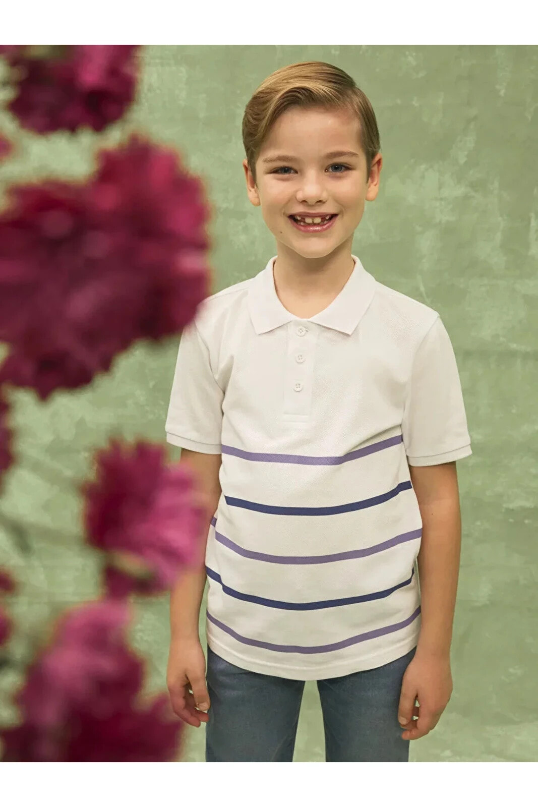 Polo Yaka Çizgili Kısa Kollu Erkek Çocuk Tişört