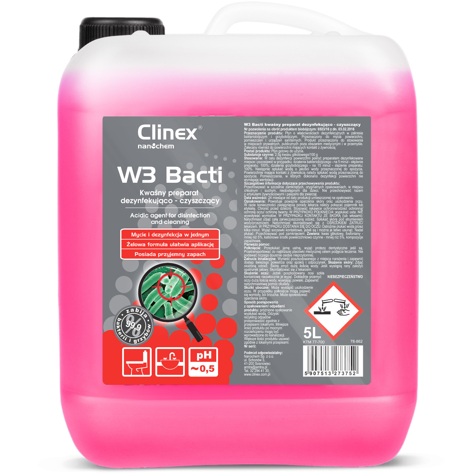 CLINEX W3 Bacti 5L bactericidal liquid for disinfecting and fumigating bathrooms and sanitary facilities