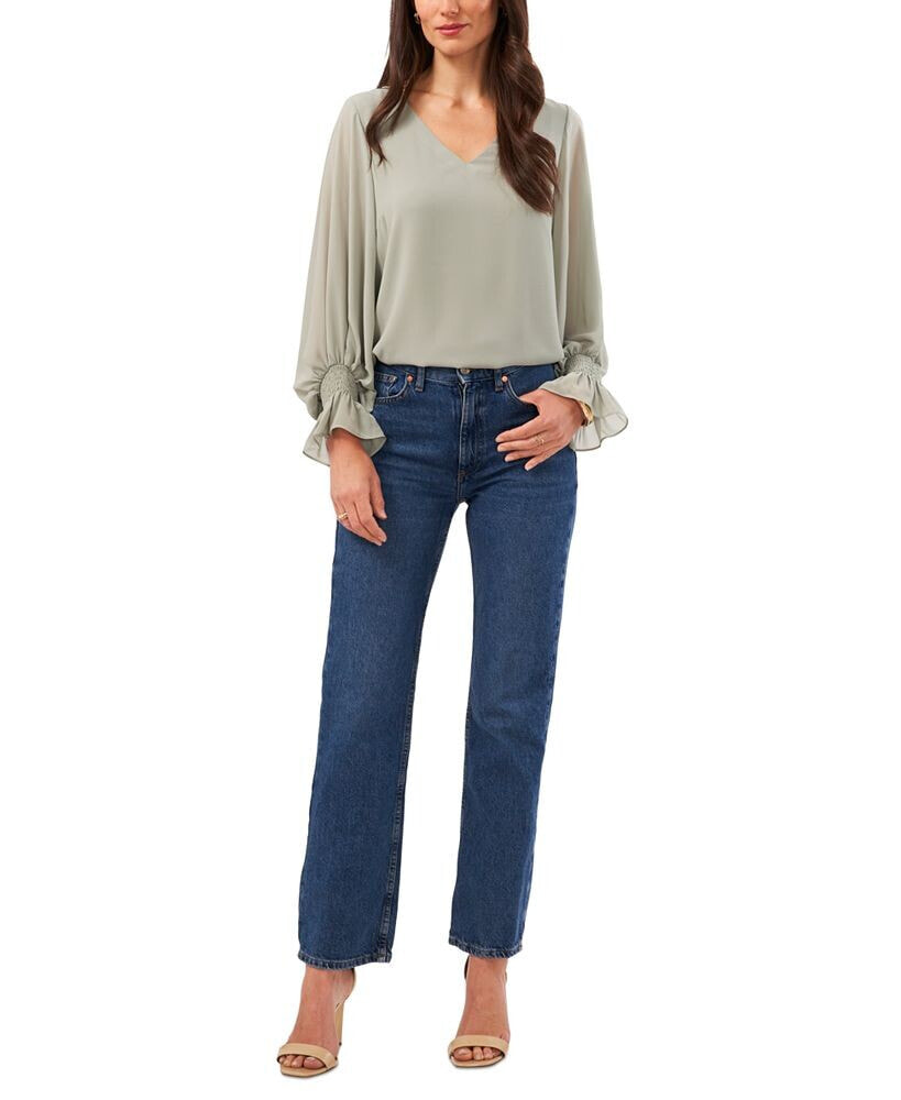 Vince Camuto Women's Solid-Color V-Neck Blouson-Sleeve Top