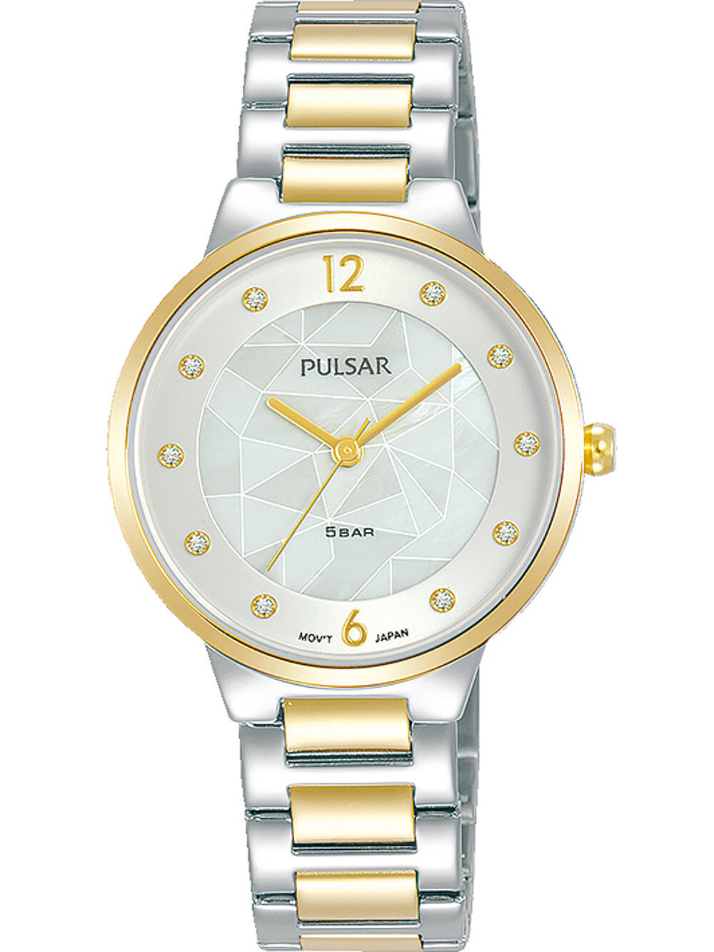 Женские наручные кварцевые часы Pulsar ремешок из нержавеющей стали. Водонепроницаемость-5 АТМ. Прочное, минеральное стекло. Циферблат декорирован камнями Swarovski.