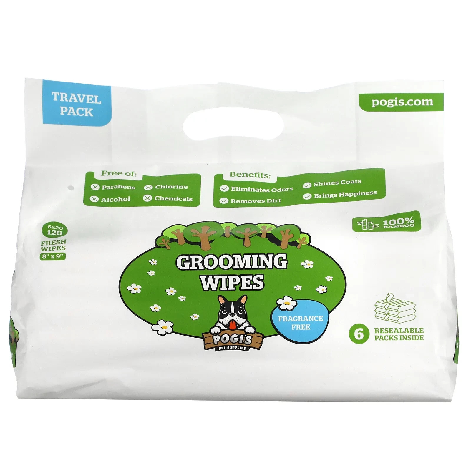 Grooming Wipes, Travel Pack, Green Tea Leaf, 6 Packs, 20 Fresh Wipes Each