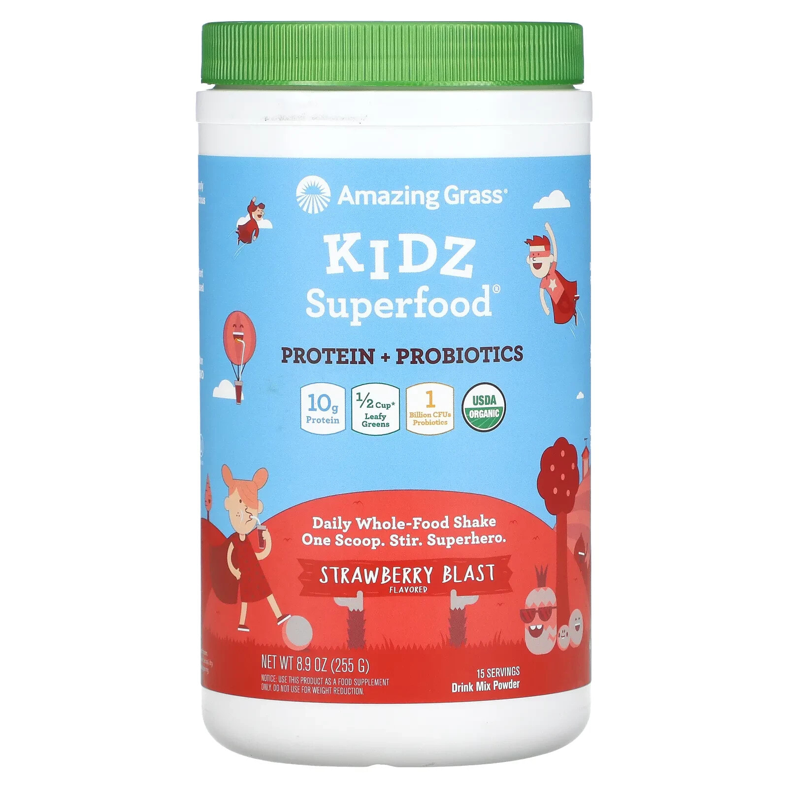 Amazing Grass, Kidz Superfood, протеин и пробиотики, клубничный взрыв, 255 г (8,9 унции)