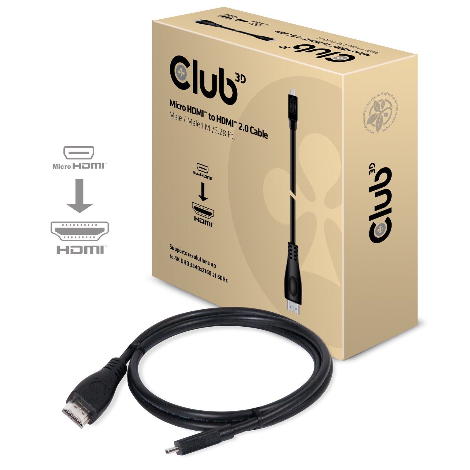 CLUB3D Micro HDMI™ to HDMI™ 2.0 4K60Hz Cable 1M / 3.28Ft CAC-1351