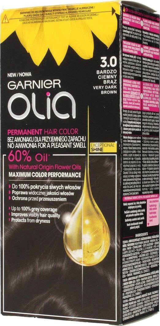 Garnier Olia Permanent Coloration Hair Color No. 3.0 Перманентная крем-краска для волос на масляной основе, оттенок темно коричневый