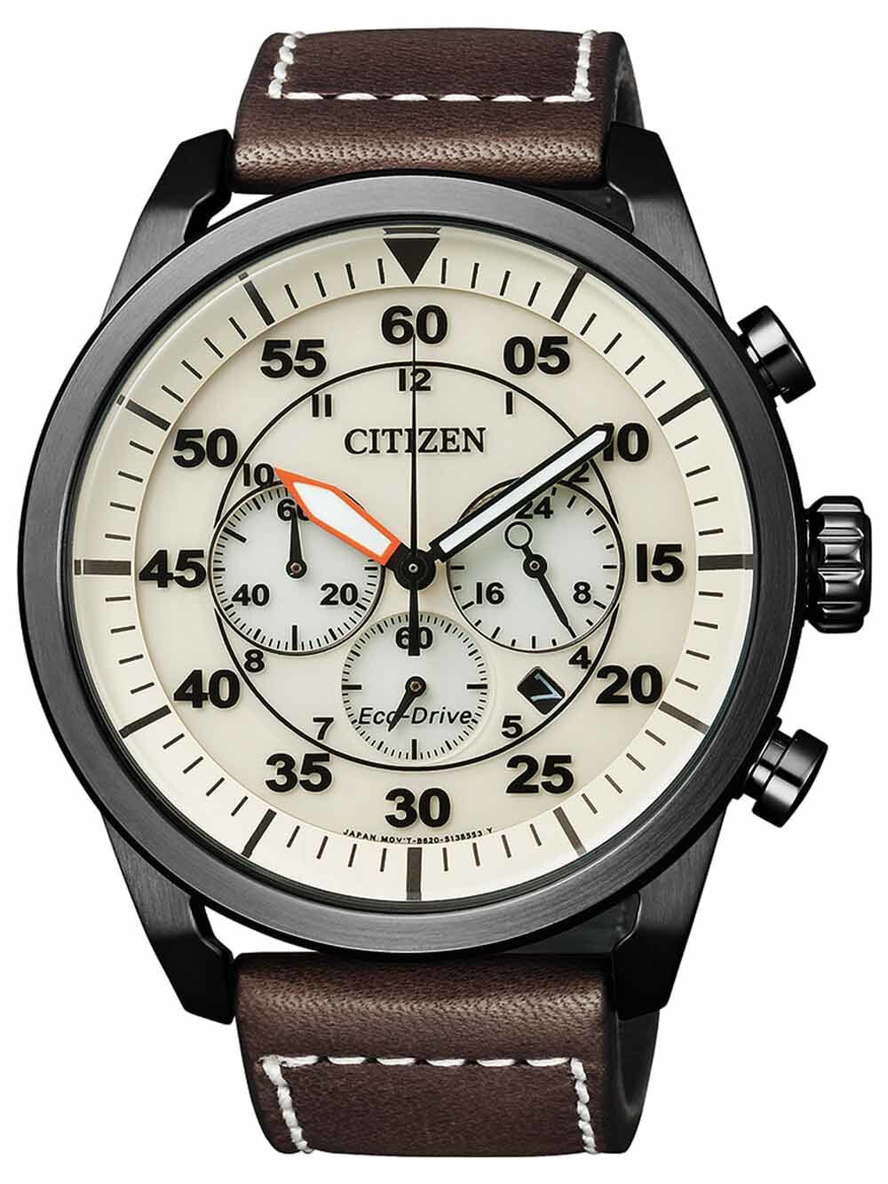 Мужские наручные часы с коричневым кожаным ремешком Citizen CA4215-04W Eco-Drive Sports Chronograph 45mm 10 ATM