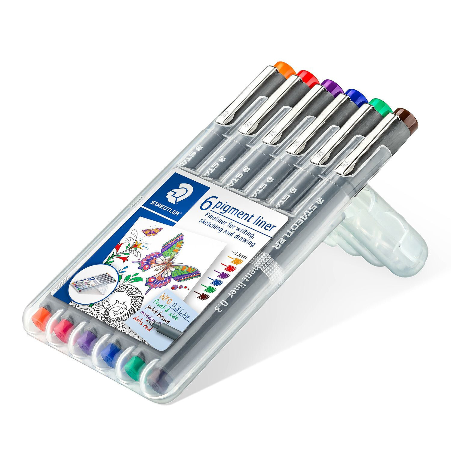 Staedtler Pigment Liner капиллярная ручка Синий, Коричневый, Зеленый, Оранжевый, Красный, Фиолетовый Fine 6 шт 30803-SSB6