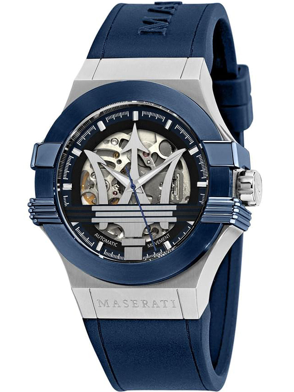 Мужские наручные часы с синим силиконовым ремешком Maserati R8821108035 Potenza automatic 42mm 10ATM