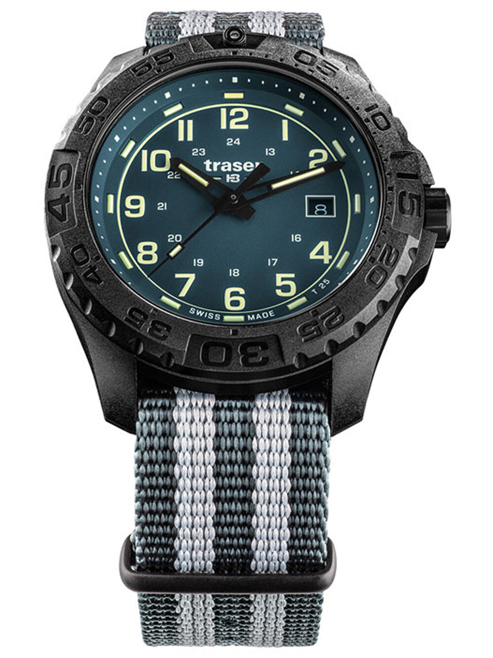 Мужские наручные часы с серым зеленым текстильным ремешком Traser H3 109041 P96 OdP Evolution petrol Mens 44mm