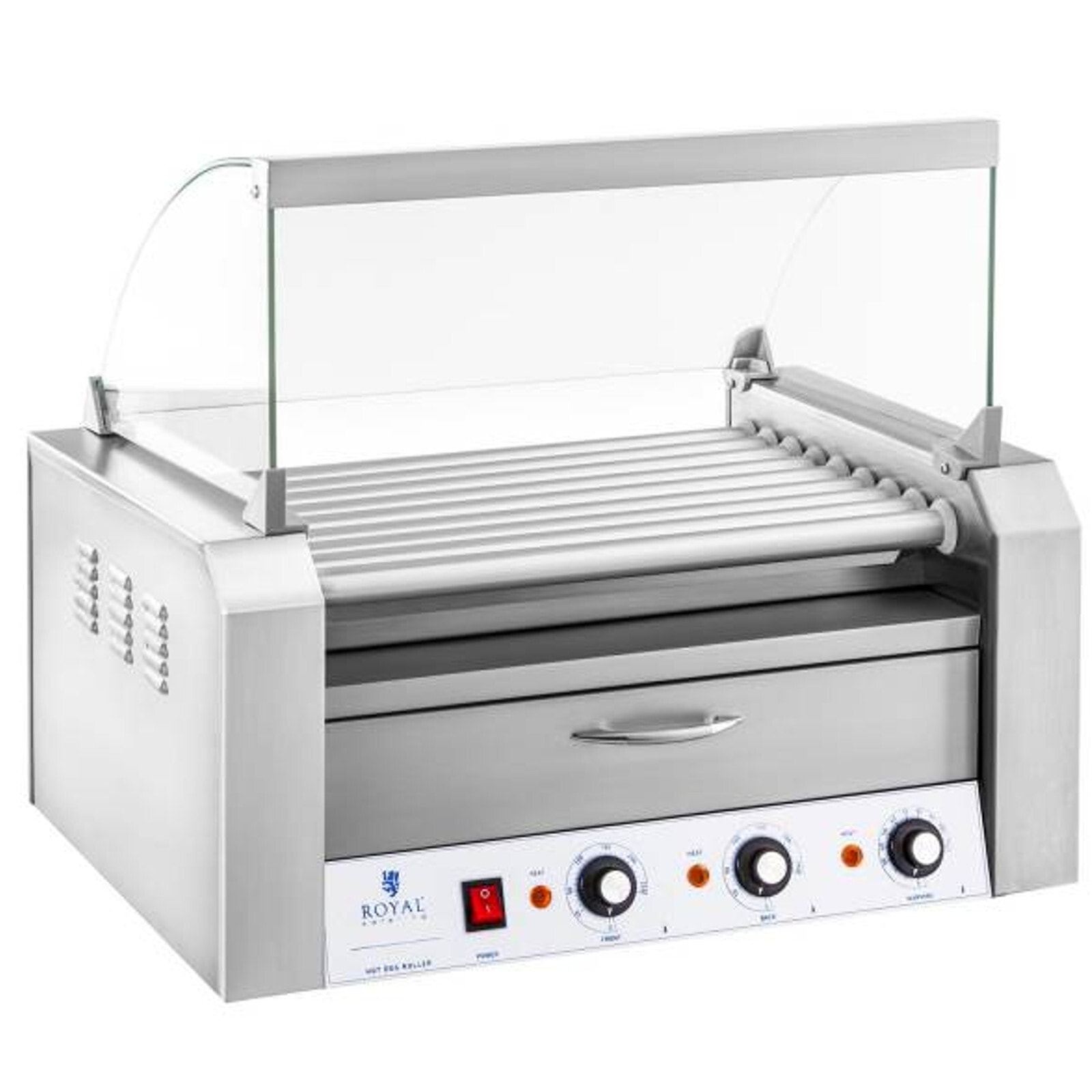 Roller grill roll with cover and a heating drawer for rolls 16 hotdogs 2200W 230V Royal Catering