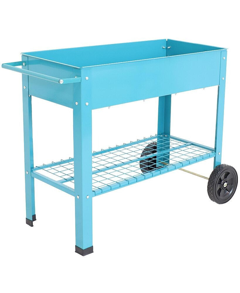 Sunnydaze Decor 43 in Galvanized Steel Mobile Raised Garden Bed Cart - Blue