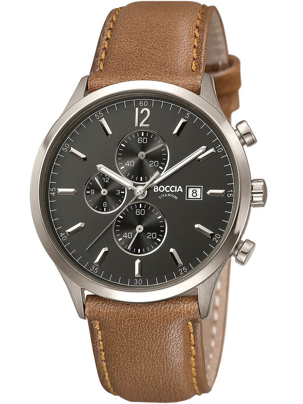 Мужские наручные часы с коричневым кожаным ремешком Boccia 3753-04 mens watch chronograph titanium 42mm 5ATM