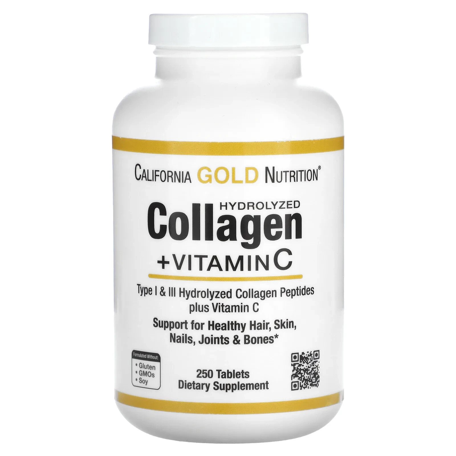 Hydrolyzed Collagen Peptides + Vitamin C, Type I & III, 250 Tablets