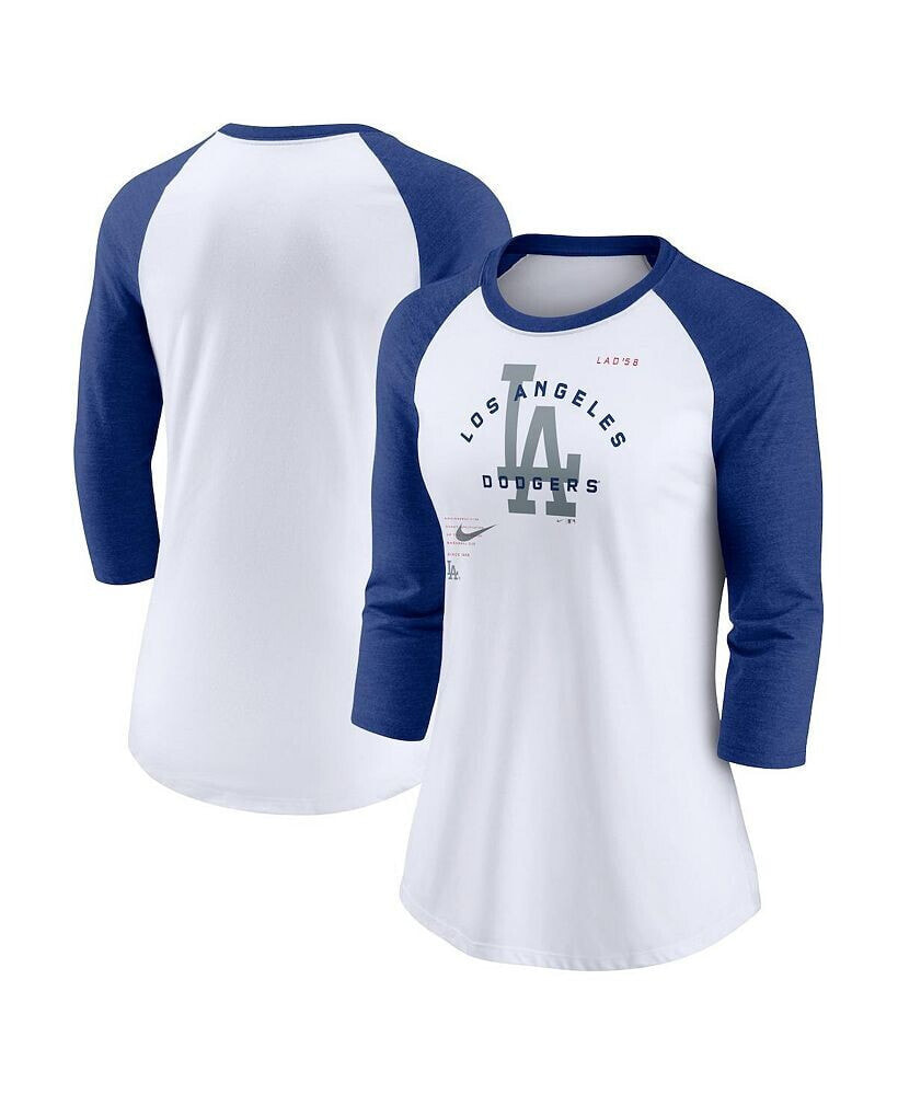 Nike women's White, Royal Los Angeles Dodgers Next Up Tri-Blend Raglan 3/4 -Sleeve T-shirt