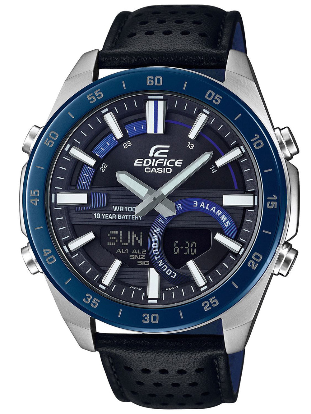 Мужские наручные часы с синим кожаным ремешком Casio ERA-120BL-2AVEF Edifice analogue/digital Chronograph 47mm